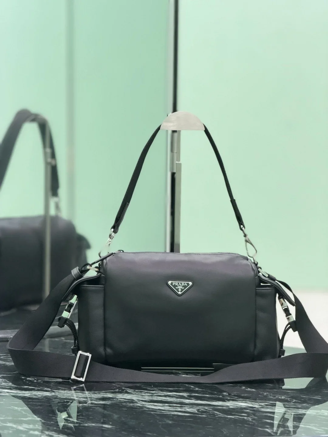 PRADA Shoulder Bags Leather Black-Silver 17X31X11CM E60202609090410