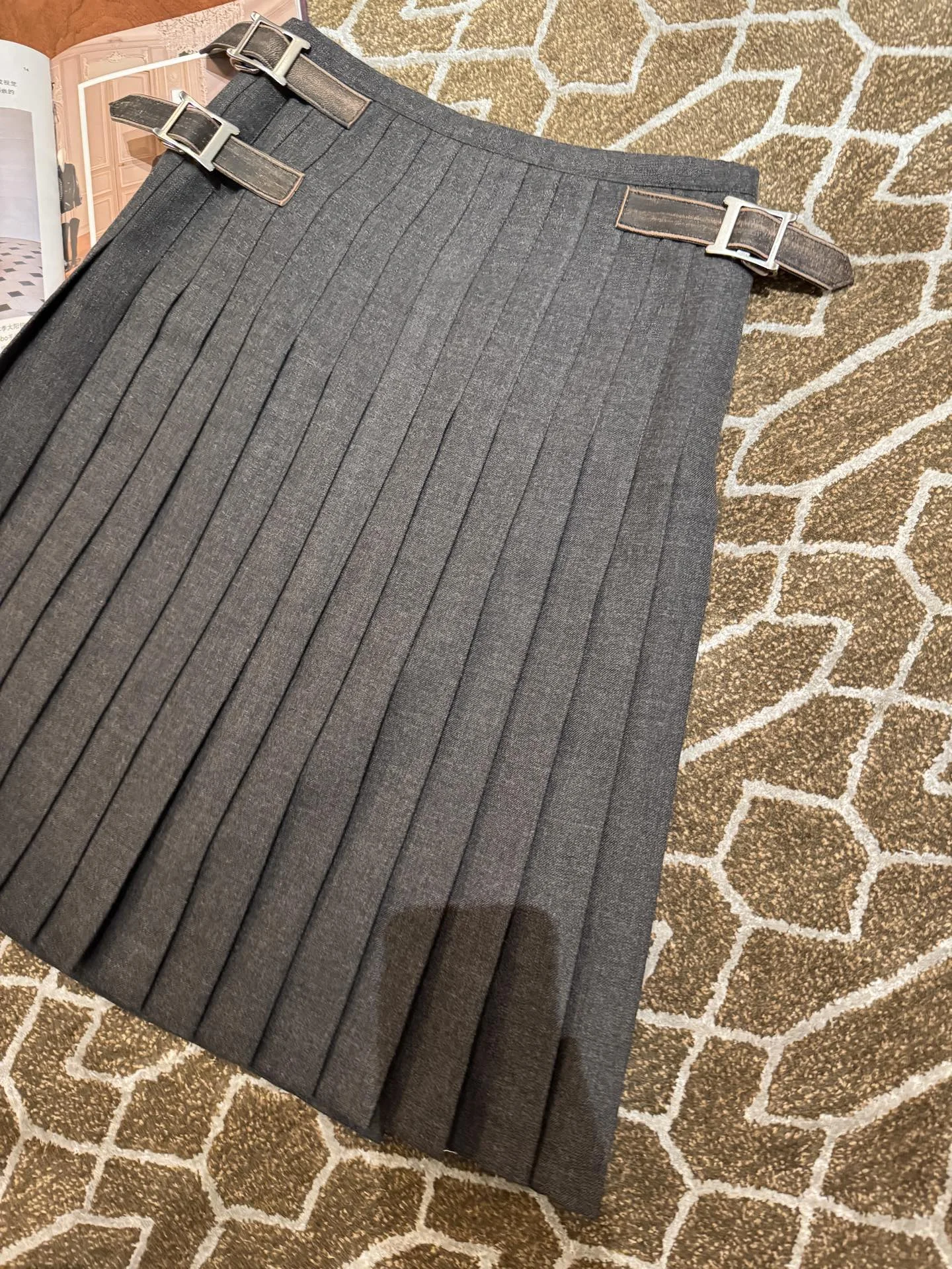 PRADA Skirts Wool Leather Gray-Brown S-L D85202609060039 - Image 4
