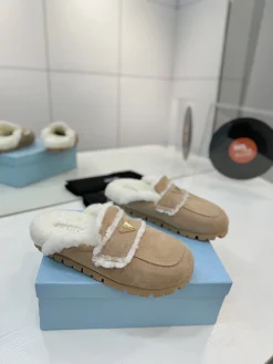 PRADA Slippers Suede Wool Beige-White EU35-42 B60202609110654