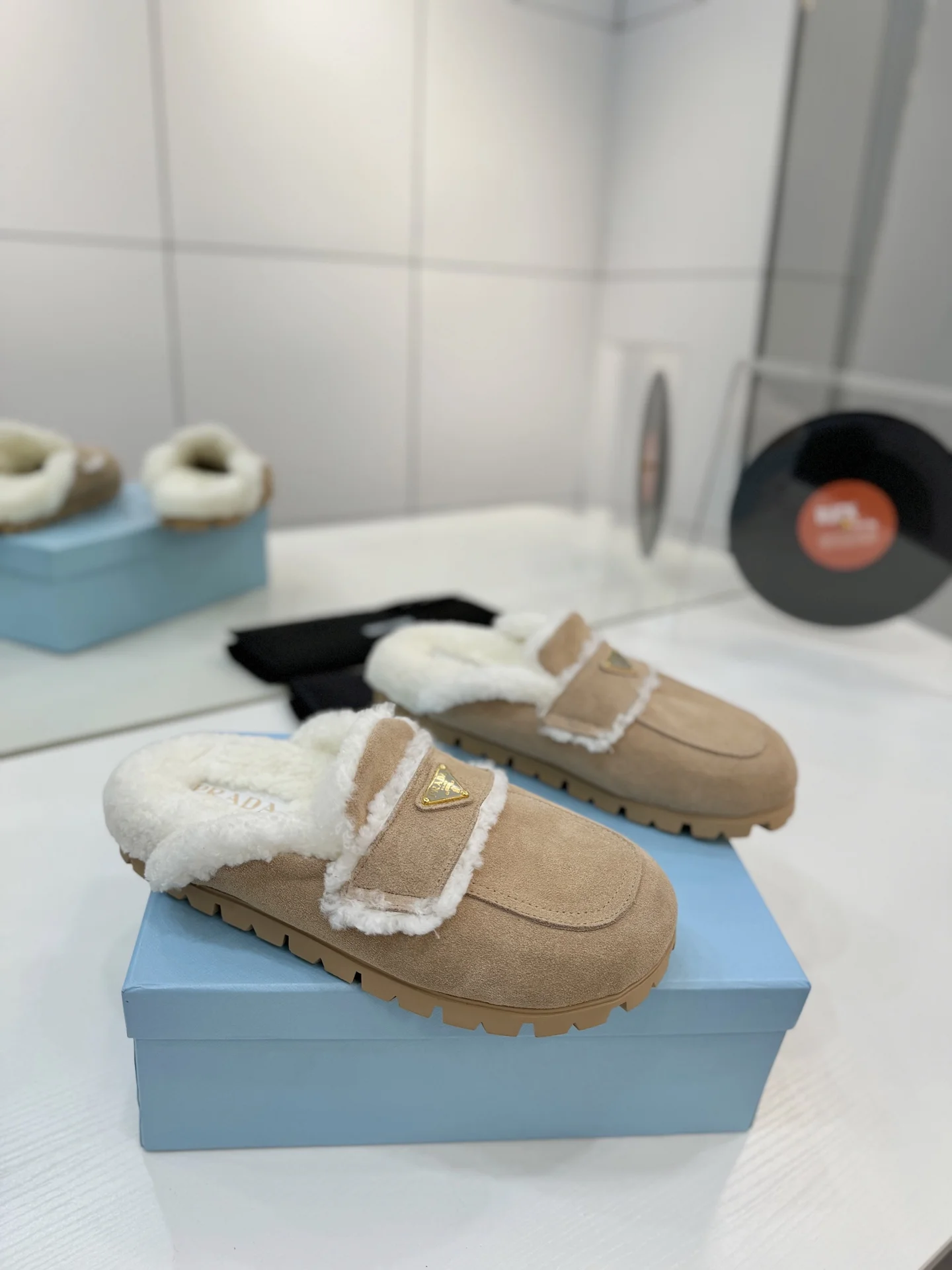 PRADA Slippers Suede Wool Beige-White EU35-42 B60202609110654