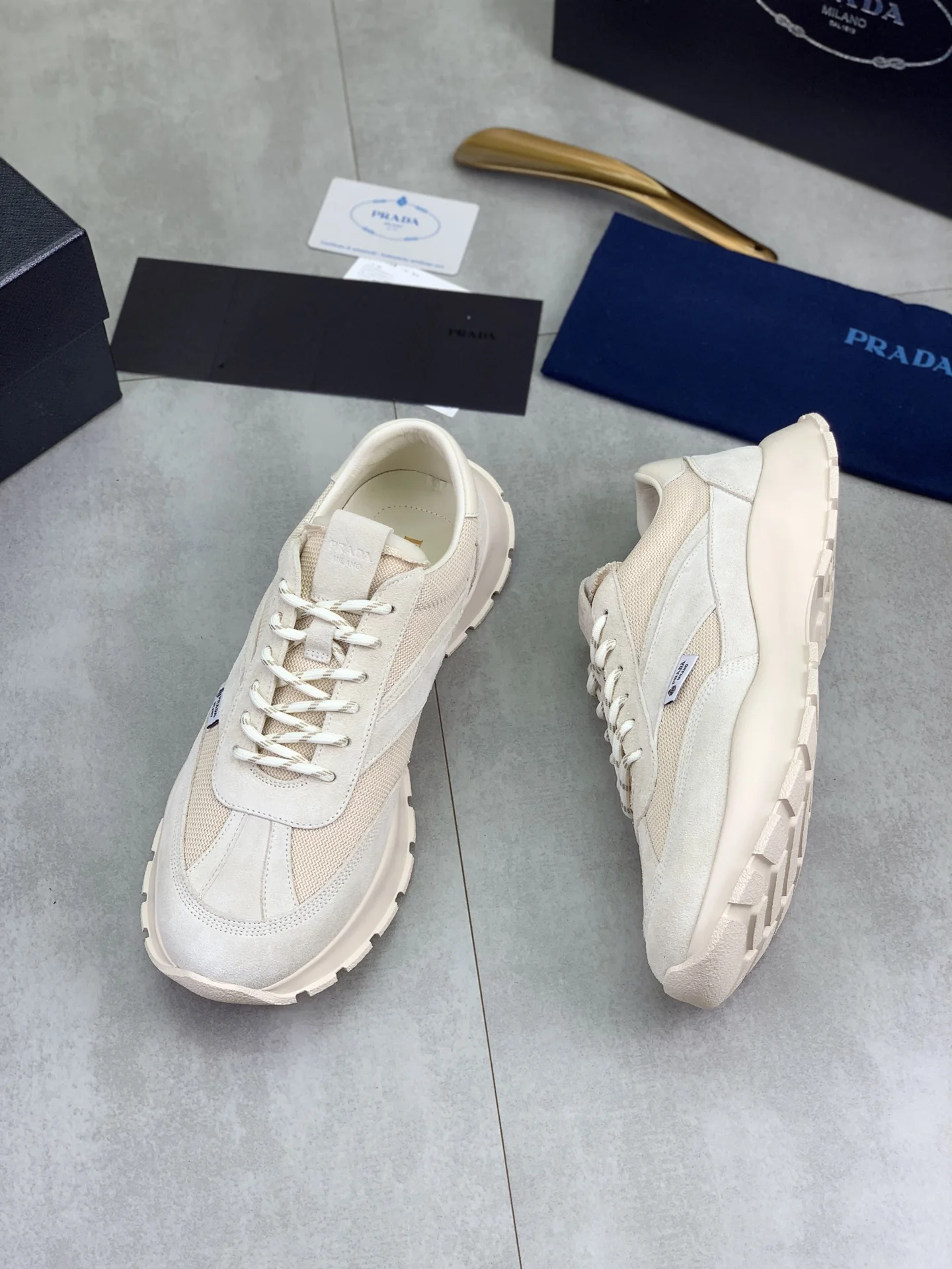 PRADA Sneakers Leather Mesh Beige-White EU38-45 C20202609110988 - Image 5