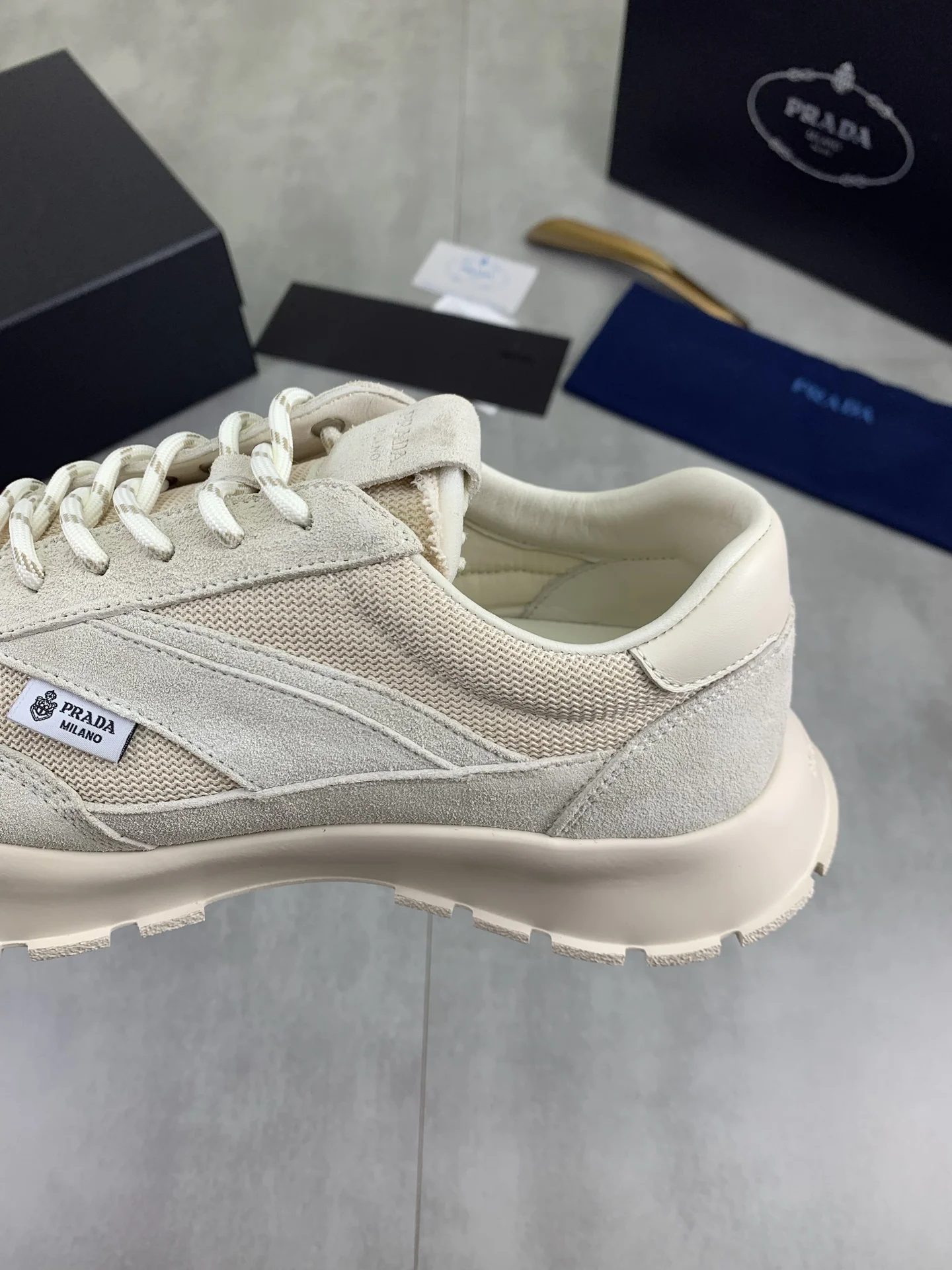 PRADA Sneakers Leather Mesh Beige-White EU38-45 C20202609110988 - Image 7
