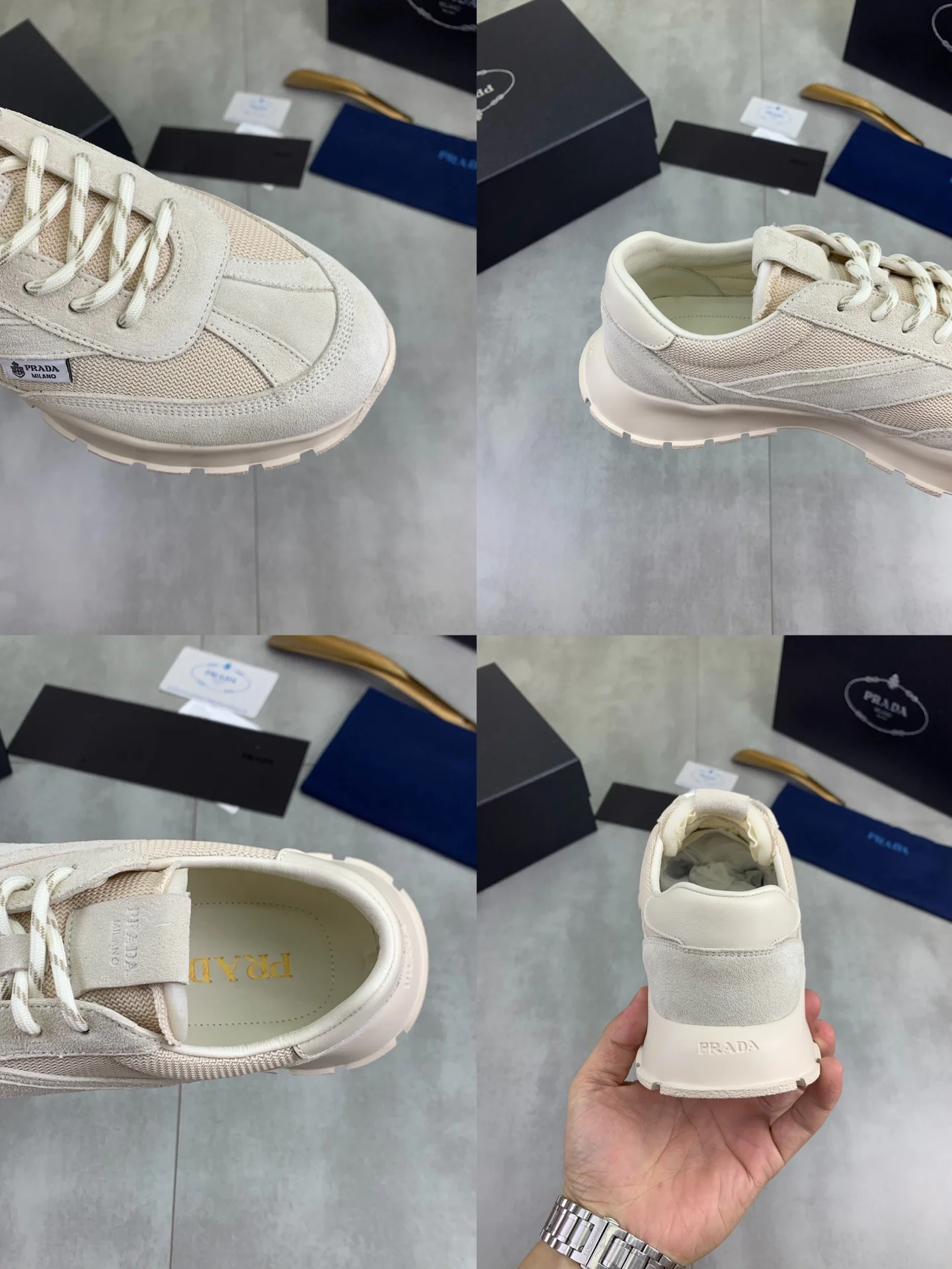 PRADA Sneakers Leather Mesh Beige-White EU38-45 C20202609110988 - Image 9