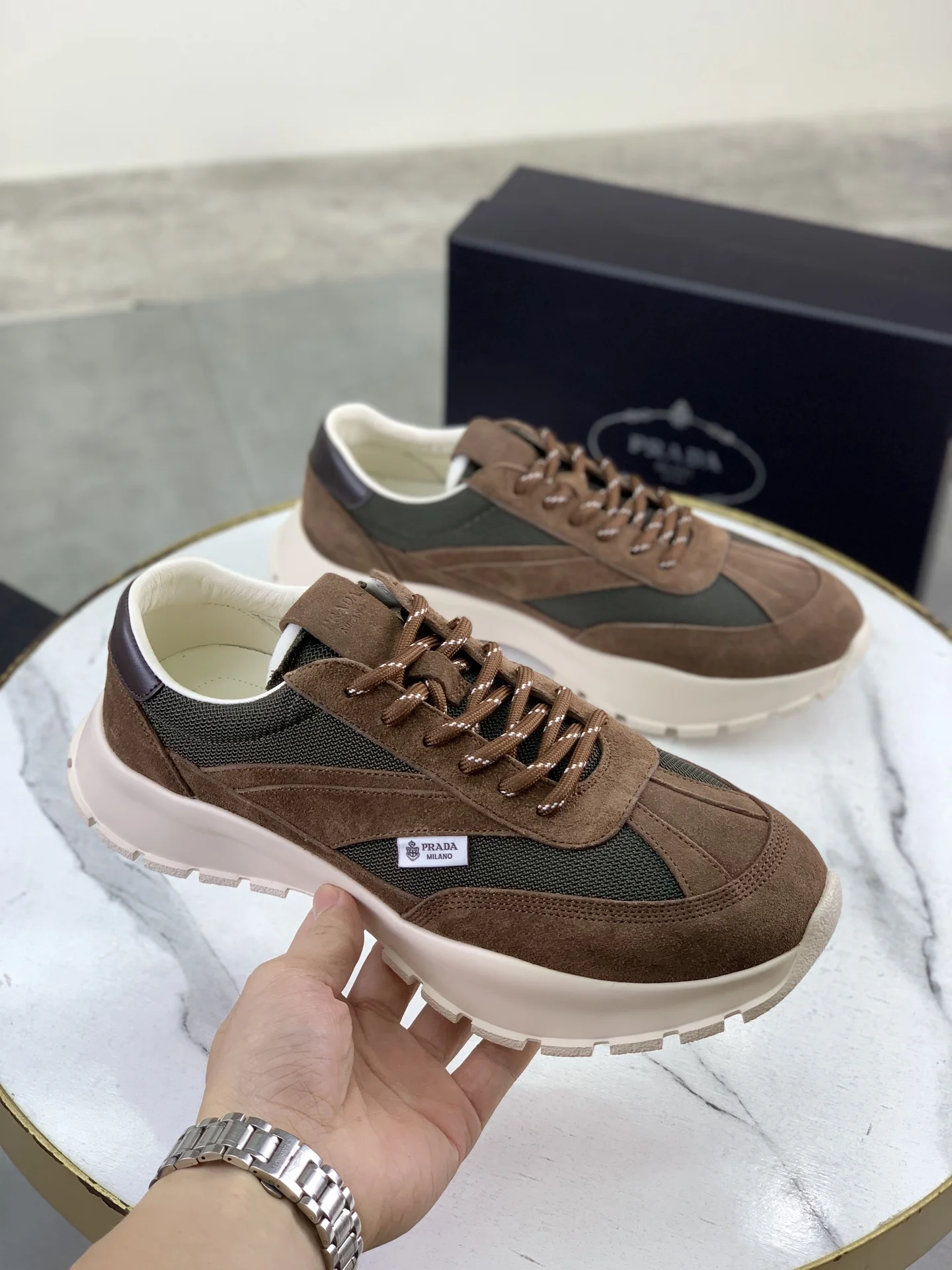 PRADA Sneakers Leather and Mesh Brown-Green EU38-45 C20202609110989 - Image 4