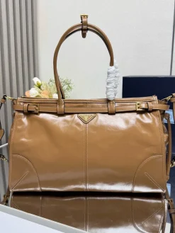 PRADA Totes Bags Oil Wax Leather Brown-Gold 38X30X12CM G60202609090414