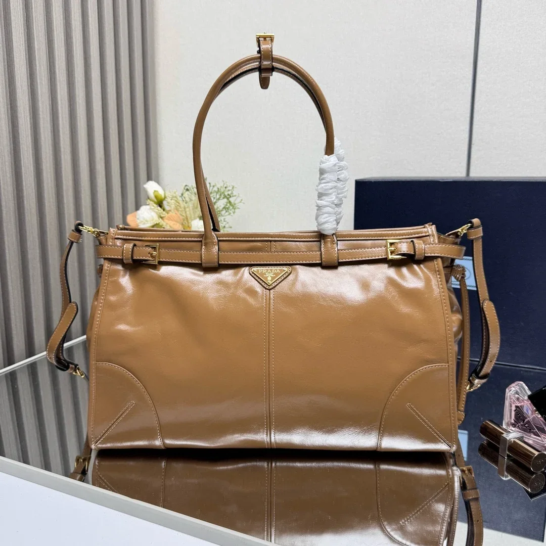 PRADA Totes Bags Oil Wax Leather Brown-Gold 38X30X12CM G60202609090414