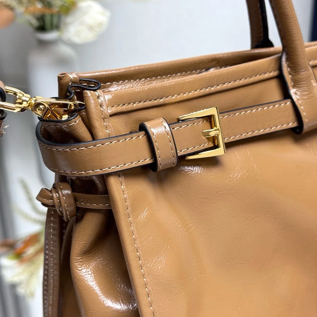 PRADA Totes Bags Oil Wax Leather Brown-Gold 38X30X12CM G60202609090414 - Image 6