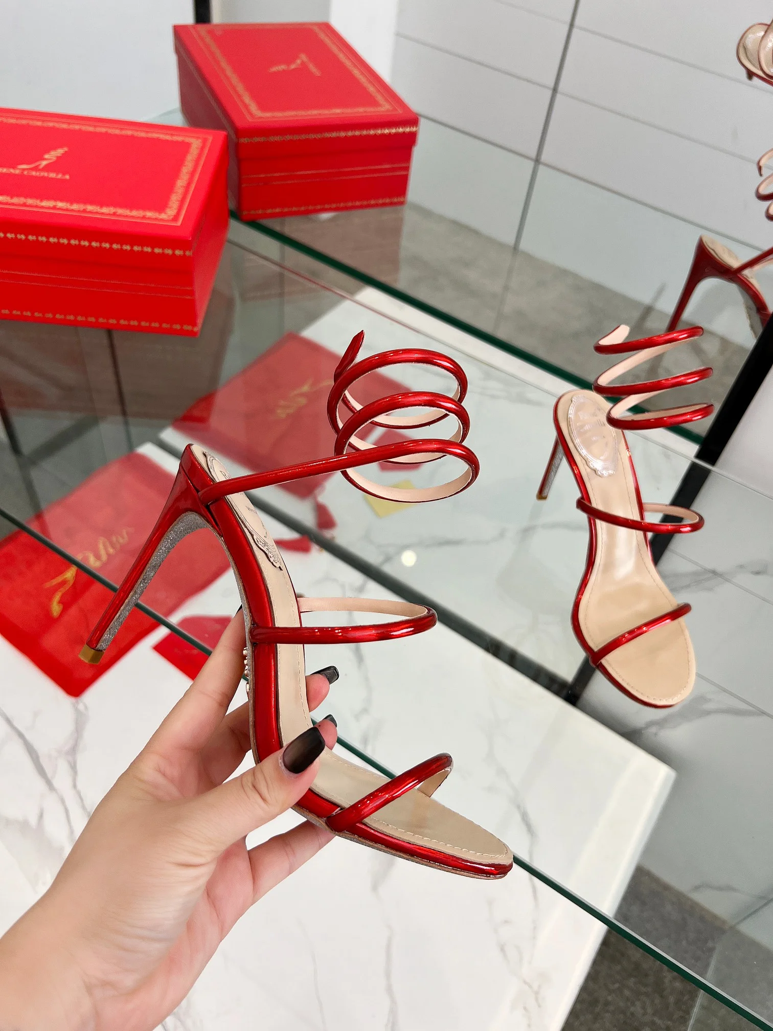 SERGIO ROSSI Sandals Metallic Snakeskin Red-Silver EU35-39 B70202609110341